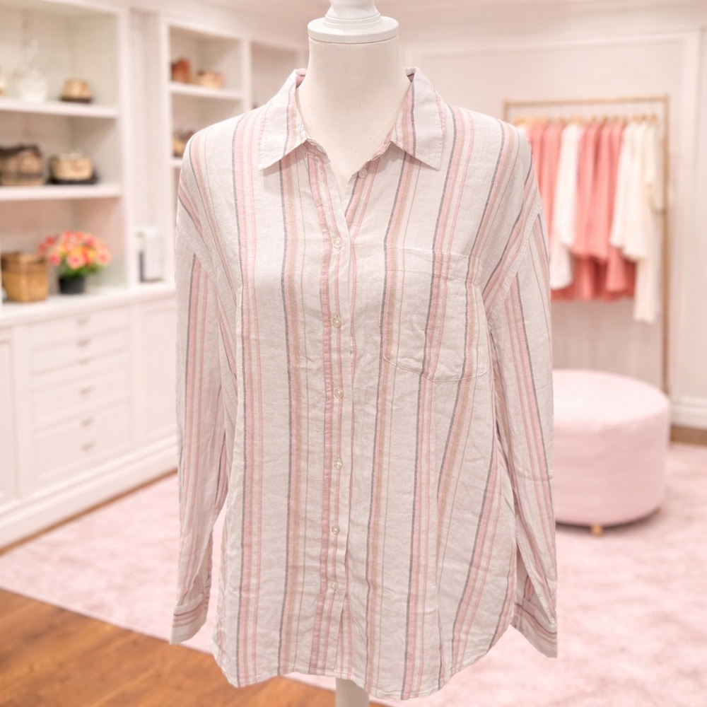 Gap Linen Blend Button Down Shirt Large Striped Lightweight Soft Coastal NWT